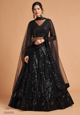Trendmalls Embroidered Semi Stitched Lehenga Choli(Black)