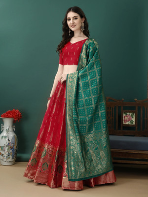 SWAMI STUDIO Embellished, Floral Print, Self Design Semi Stitched Lehenga Choli(Red, Green)