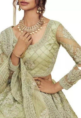 Kitvillaa Embroidered Semi Stitched Lehenga Choli(Green)