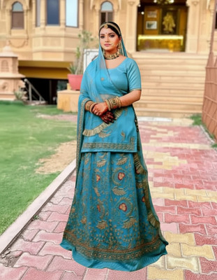 Bhawani Collection Embroidered Semi Stitched Rajasthani Poshak(Light Blue)