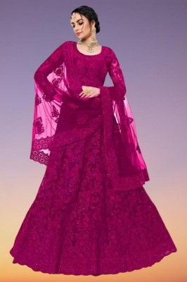 PRANJAL ART Solid, Embroidered, Embellished, Self Design, Striped Semi Stitched Lehenga Choli(Pink)