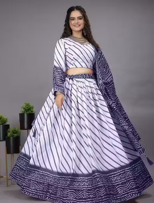 TRINZZO Floral Print Semi Stitched Lehenga Choli(White, Purple)
