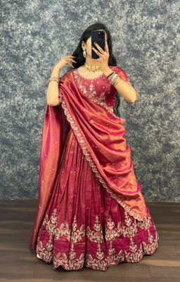 Anandhi Collections Embroidered Semi Stitched Lehenga Choli(Red)