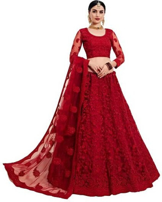 chalisha trends Embroidered Semi Stitched Lehenga Choli(Red, Gold)