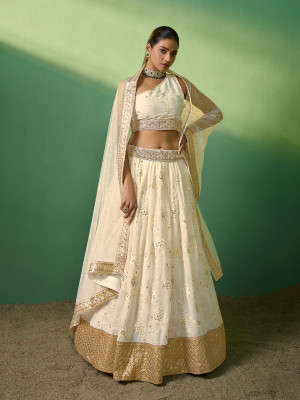 odette Embroidered Semi Stitched Lehenga Choli(Beige)