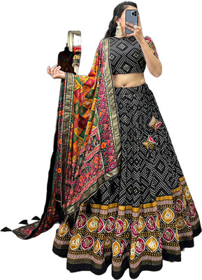 aj retail Digital Print Semi Stitched Lehenga Choli(Black)