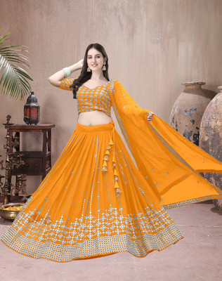 F Plus fashion Embroidered Semi Stitched Lehenga Choli(Yellow)