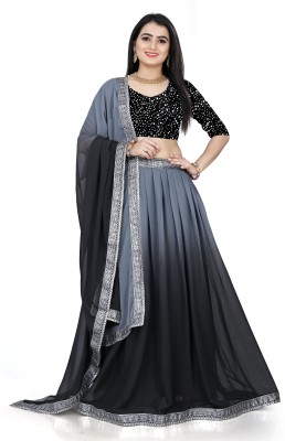 PRIYESHA TEXTILES Solid, Embellished Semi Stitched Lehenga Choli(Grey, Black)