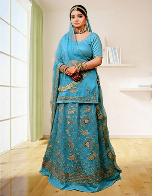 Bhawani Collection Embroidered Semi Stitched Rajasthani Poshak(Light Blue)