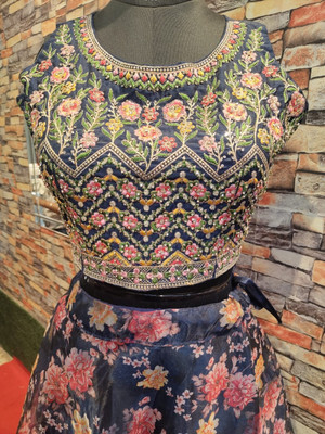 Diva Floral Print Stitched Lehenga & Crop Top(Blue)