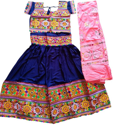 singh Embroidered Stitched Lehenga Choli(Blue, Pink)