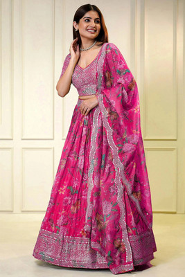 KAHIRAA WHOLETEX Printed Semi Stitched Lehenga Choli(Pink)
