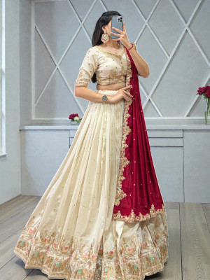 Sandykart Embroidered Semi Stitched Lehenga Choli(White)