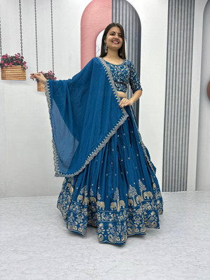 Om Creation Embroidered Semi Stitched Lehenga Choli(Light Blue)