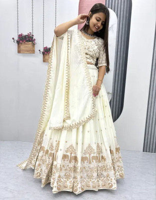 PEDR TRENDS Embroidered Semi Stitched Lehenga Choli(White)