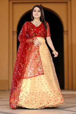 Khodiyar Embroidery Embroidered Semi Stitched Lehenga Choli(Gold, Red)