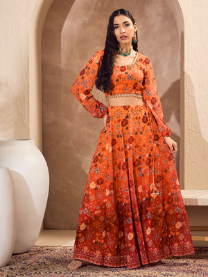 Shae by SASSAFRAS Printed Stitched Lehenga & Crop Top(Orange)