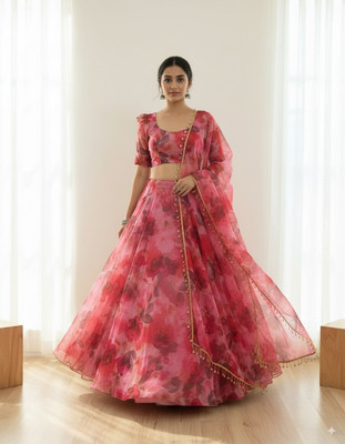 PuriMaa Floral Print Semi Stitched Lehenga Choli(Red)