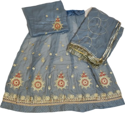 Shimla Embellished, Floral Print Semi Stitched Rajasthani Poshak(Grey, Gold)