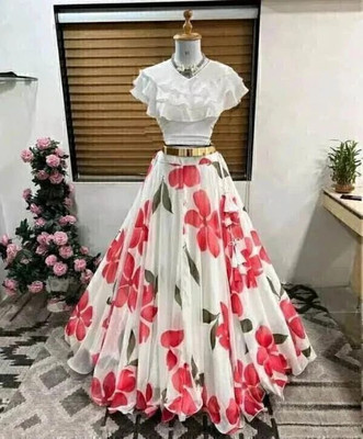HOUSE OF COMMON Digital Print Semi Stitched Lehenga & Crop Top(White)
