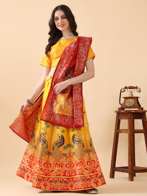 Harshiv Textile Self Design Semi Stitched Lehenga Choli(Gold)
