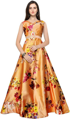 kaizen International Digital Print Semi Stitched Lehenga & Crop Top(Orange)