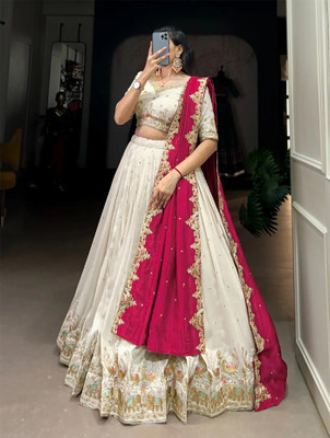 Trijal Fab Embroidered Semi Stitched Lehenga Choli(White, Red)