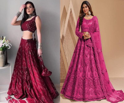 Reelove Factory Embroidered Semi Stitched Lehenga Choli(Maroon, Pink)