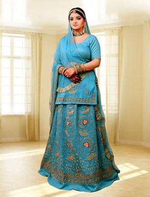 Bhawani Collection Embroidered Semi Stitched Rajasthani Poshak(Light Blue)