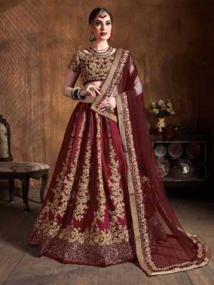 odette Embroidered Semi Stitched Lehenga Choli(Maroon)