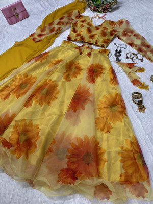 PuriMaa Floral Print Semi Stitched Lehenga Choli(Yellow)