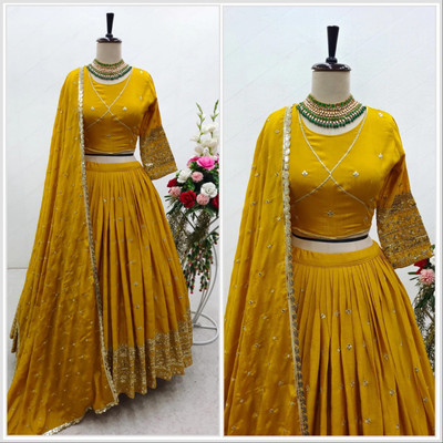 Pal Enterprise Embroidered, Striped Semi Stitched Lehenga Choli(Yellow)