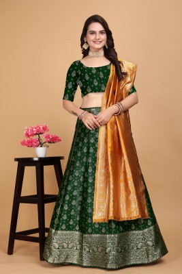 SWAMI STUDIO Floral Print, Embellished, Self Design, Paisley Semi Stitched Lehenga Choli(Green)