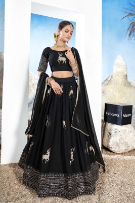 Fabcartz Embroidered Semi Stitched Lehenga Choli(Black)