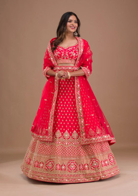 Anghanbrothers Embroidered Semi Stitched Lehenga Choli(Red, Gold)
