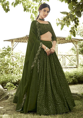 Fabricfantacia Embroidered Semi Stitched Lehenga Choli(Dark Green)