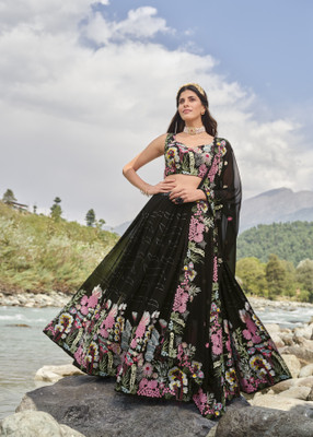 DIVINE INTERNATIONAL TRADING CO Embroidered Semi Stitched Lehenga Choli(Black)