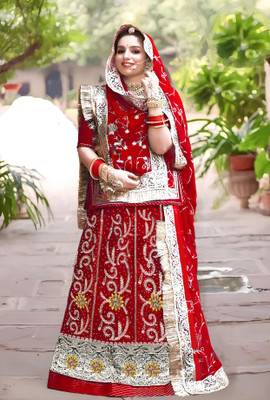 New Pooja Embroidered, Embellished Semi Stitched Rajasthani Poshak(Red, Red)