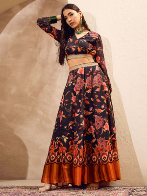 Shae by SASSAFRAS Printed Stitched Lehenga & Crop Top(Black)