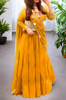 MADHUR HAND WORK ART Embroidered Semi Stitched Lehenga & Crop Top(Yellow)