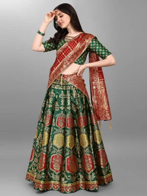 FROQUILIZ Solid Semi Stitched Lehenga Choli(Green)