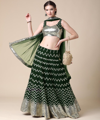 AmbeSilkMill Embroidered Semi Stitched Lehenga Choli(Green)