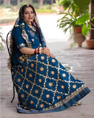 MADHUR HAND WORK ART Embellished Semi Stitched Rajasthani Poshak(Light Blue)