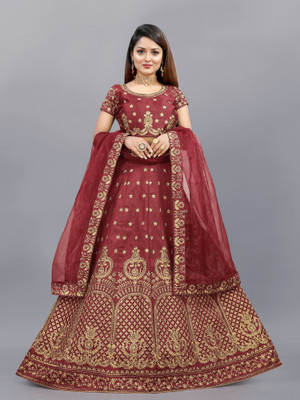 Aika Embroidered Semi Stitched Lehenga Choli(Maroon)