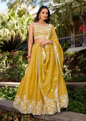 Trijal Fab Embroidered Semi Stitched Lehenga Choli(Yellow)