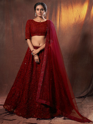 odette Embroidered Semi Stitched Lehenga Choli(Maroon)