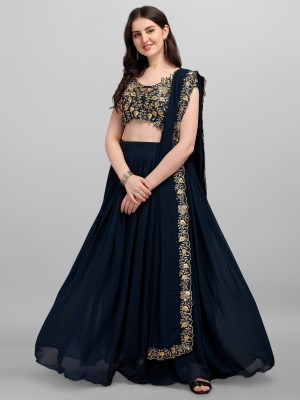 Ethnic Yard Embroidered Semi Stitched Lehenga Choli(Blue)