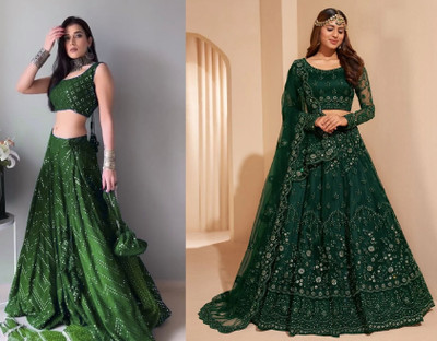 Udbhav Export Embroidered, Embellished Semi Stitched Lehenga Choli(Light Green, Dark Green)