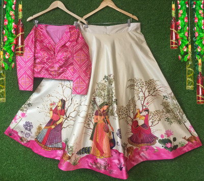 kaizen International Digital Print Semi Stitched Lehenga & Crop Top(Pink)