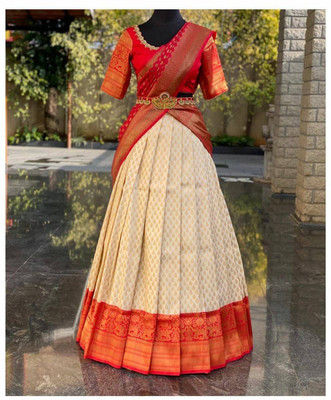 KM CREATION Floral Print Semi Stitched Lehenga Choli(Red)